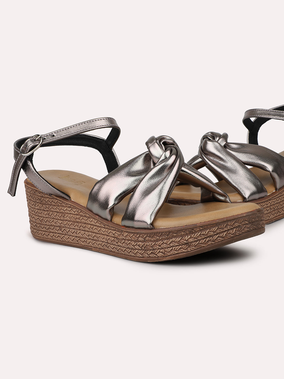 Women Pewter Knot Detail Open Toe Wedge Heels With Backstrap