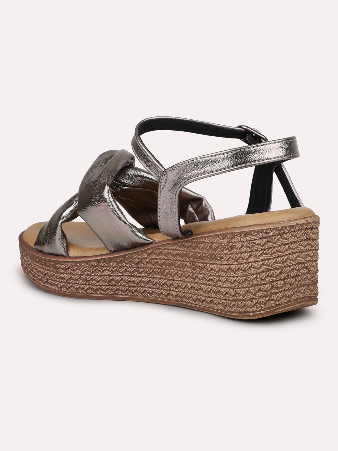 Women Pewter Knot Detail Open Toe Wedge Heels With Backstrap