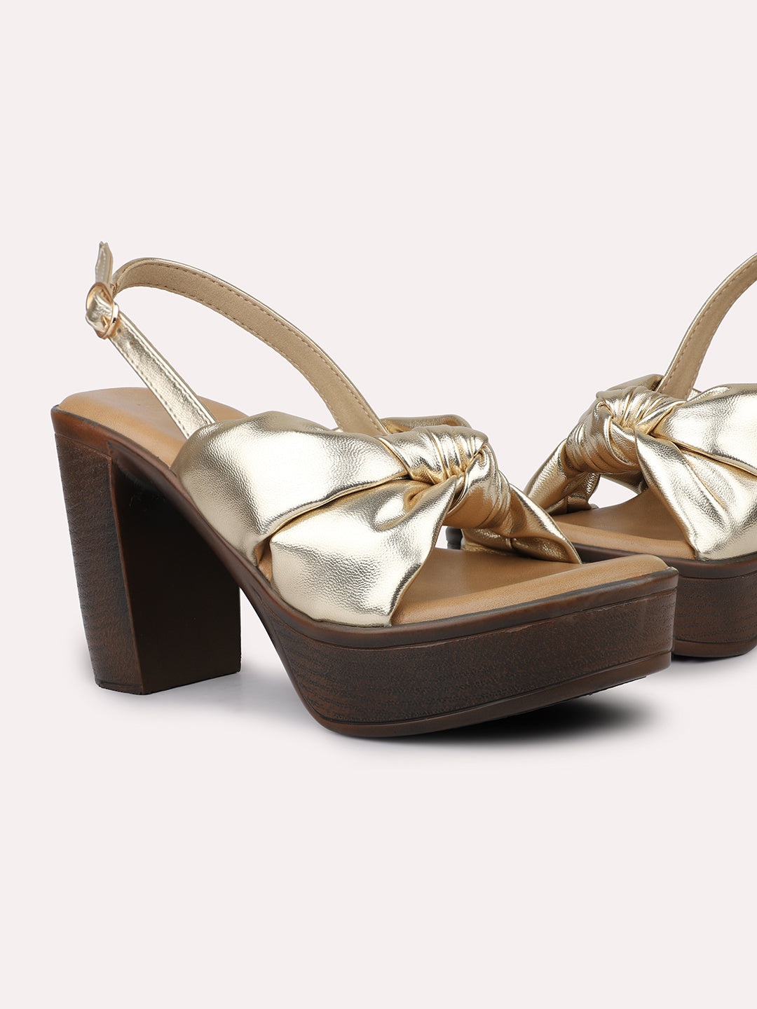 Women Gold Knot Detail Open Toe Platform Heels With Backstrap