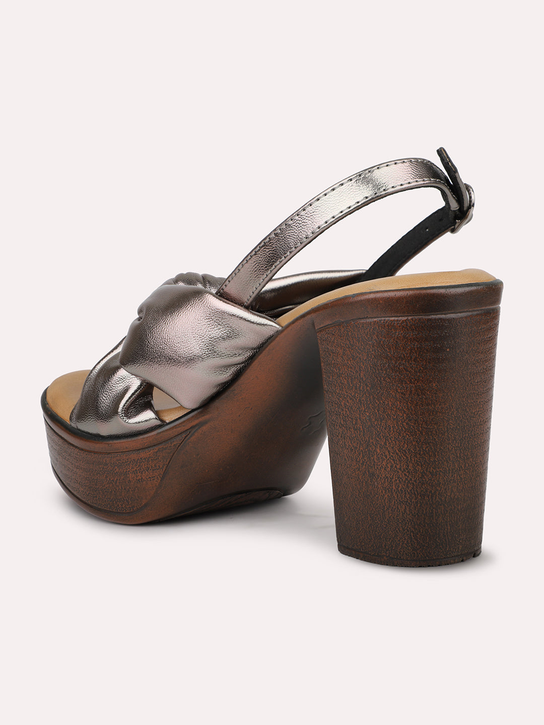 Women Pewter Knot Detail Open Toe Platform Heels With Backstrap