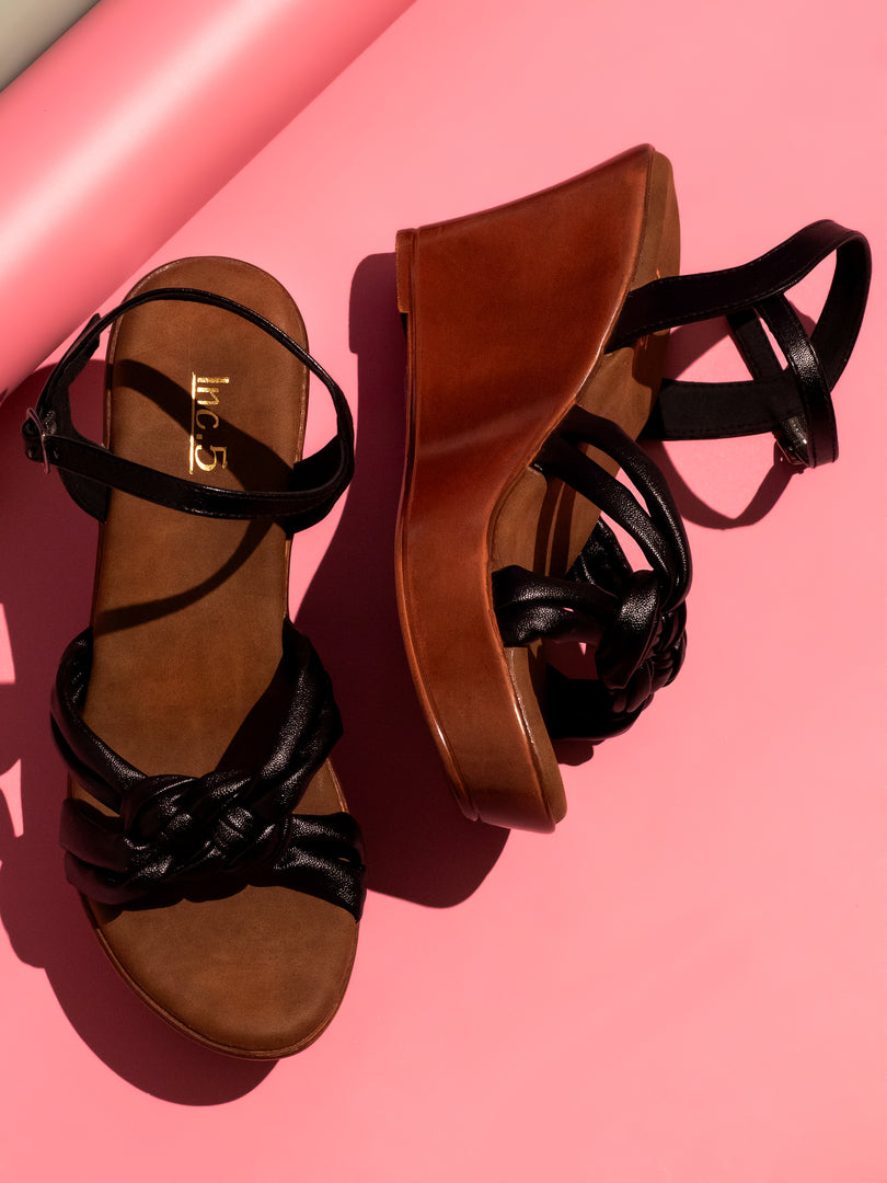 Women Black Textured Open Toe Wedge Heels