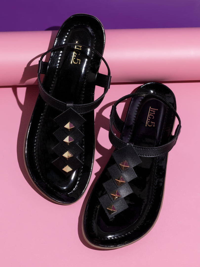 Women Black And Gold-Toned Embellished T-Strap Flats