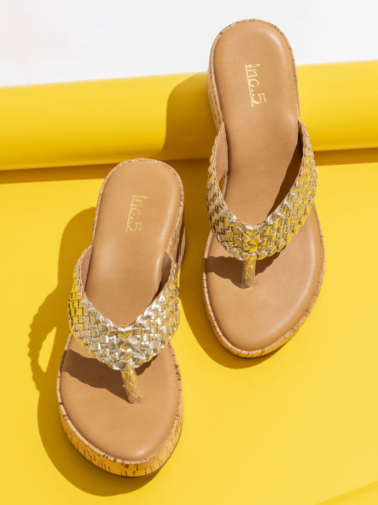 Women Gold-Toned Textured Wedge Sandals