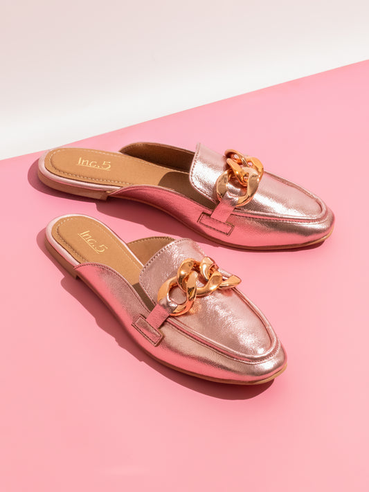 Women Rose Gold Mules Flats With Buckles