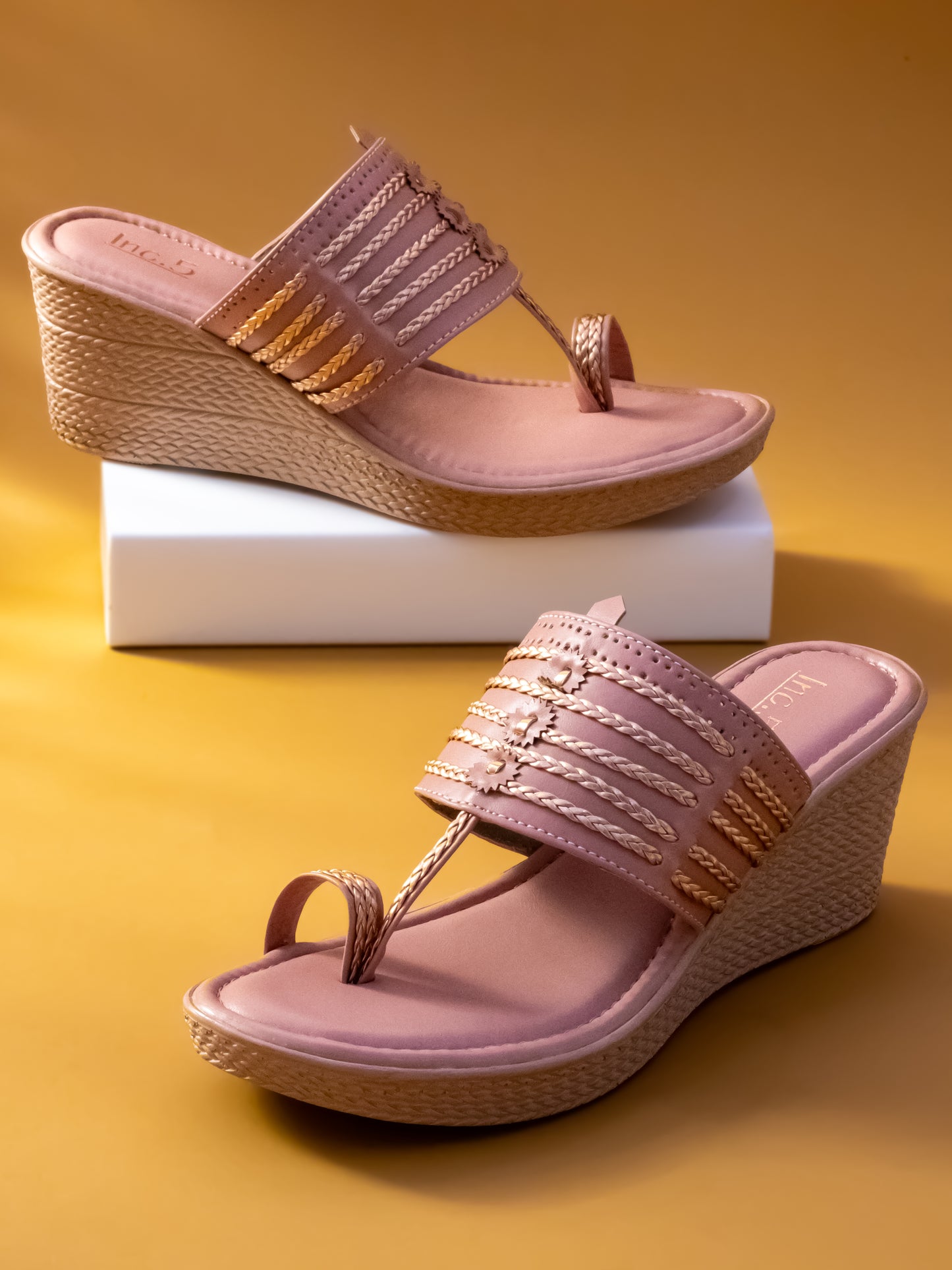 Women Peach Textured Open Toe Wedges