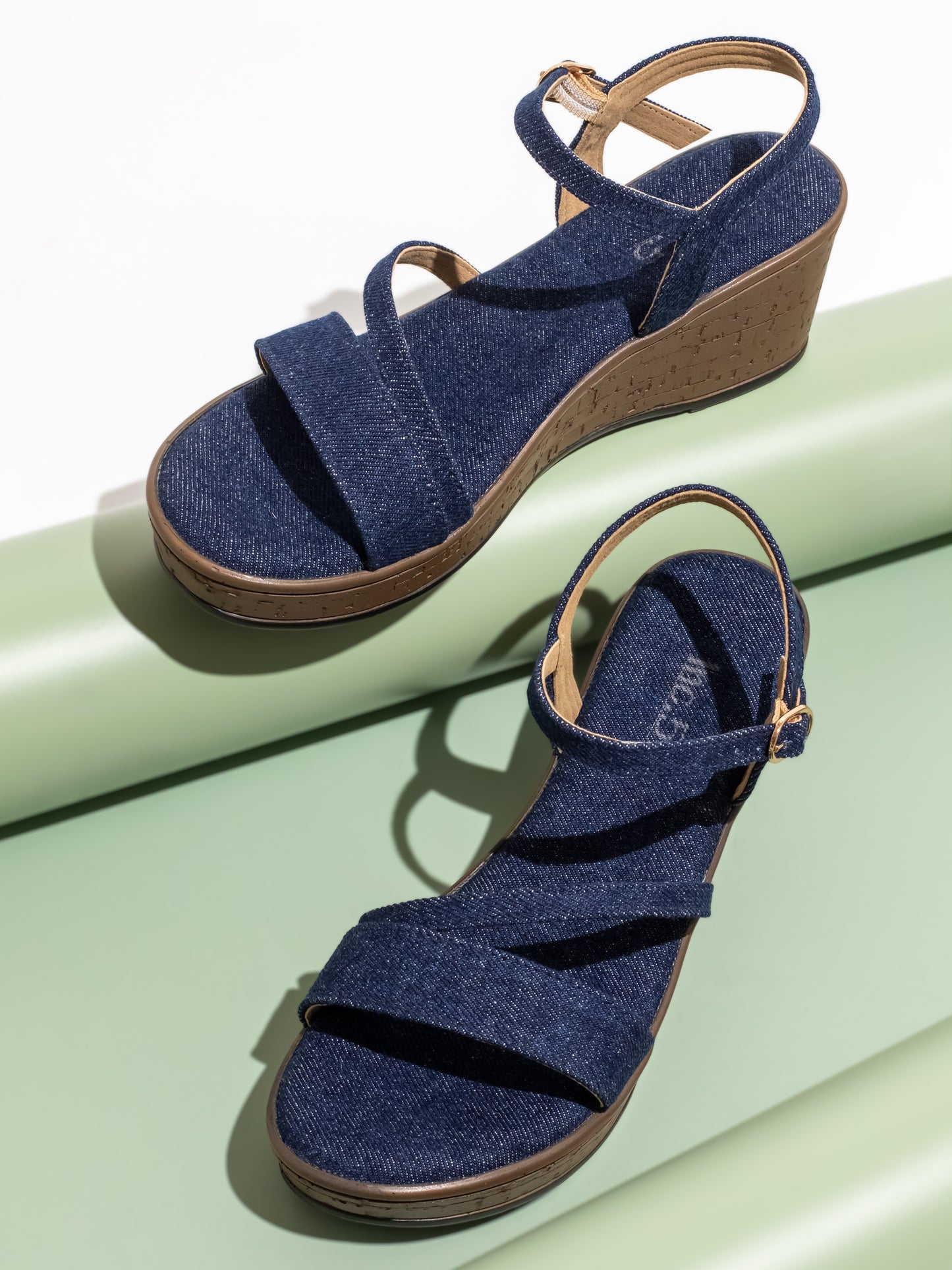 Women Navy Wedge Sandals with Buckles