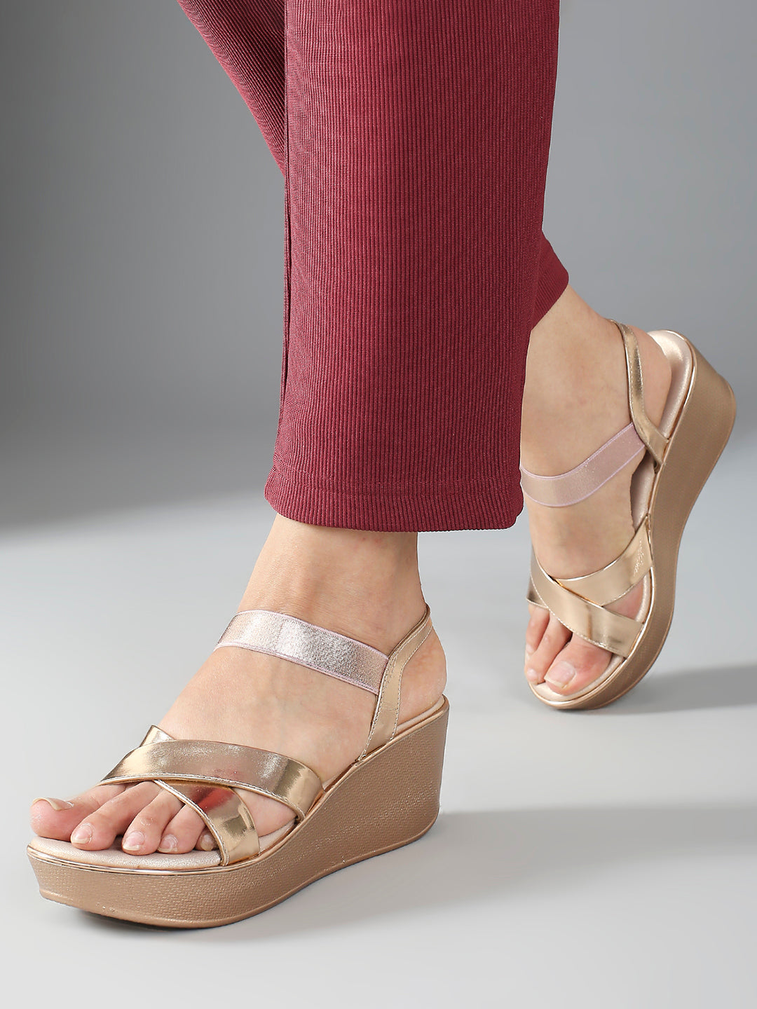 Women Rose Gold Criss-Cross Wedge Heels With Backstrap