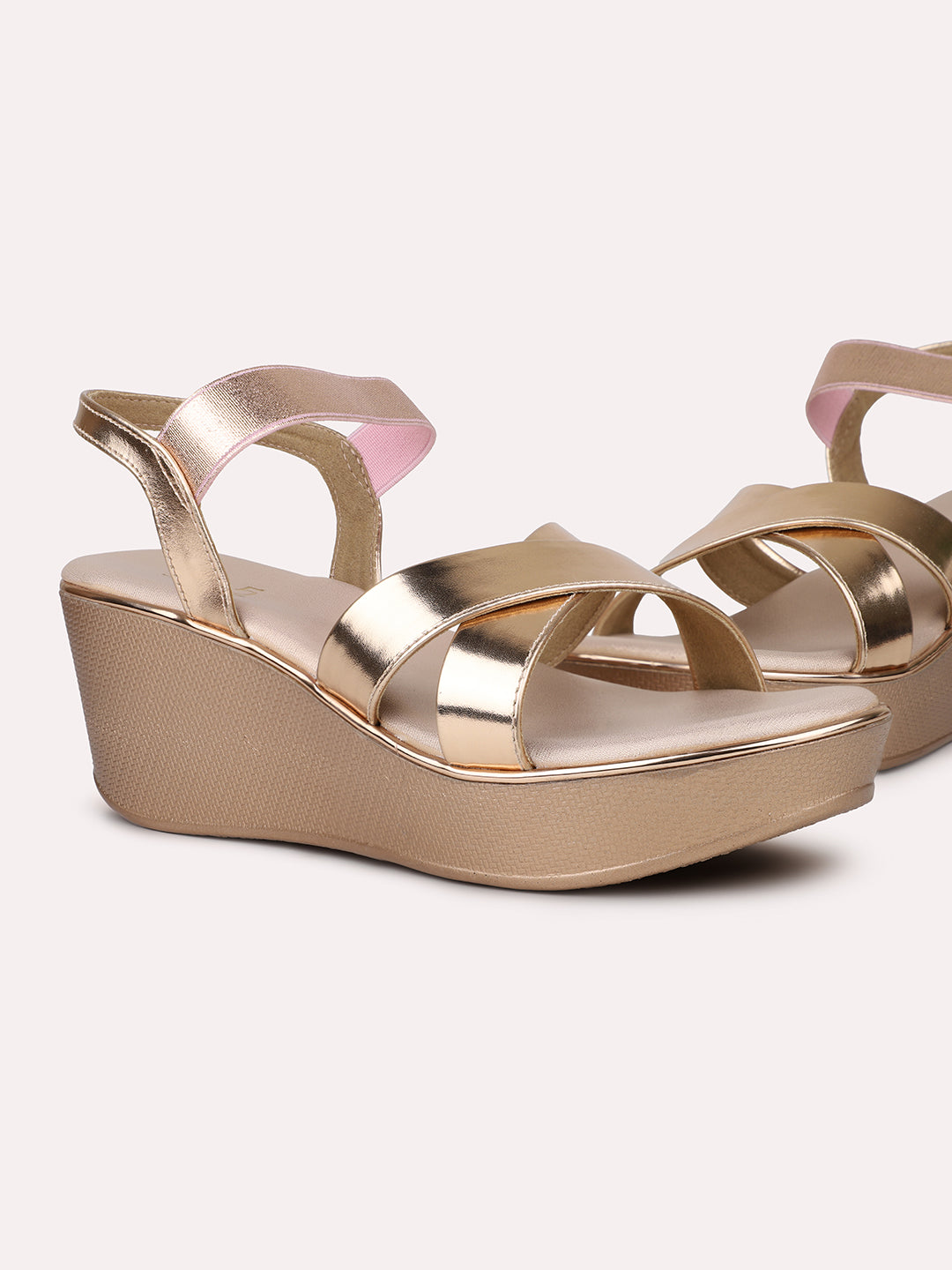 Women Rose Gold Criss-Cross Wedge Heels With Backstrap