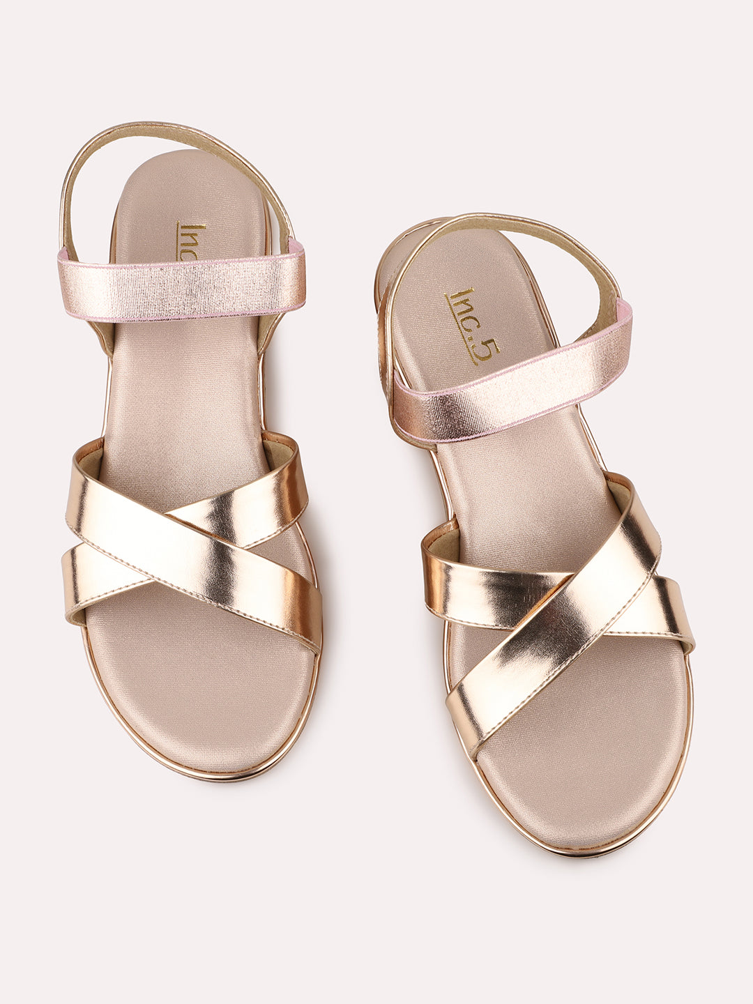 Women Rose Gold Criss-Cross Wedge Heels With Backstrap