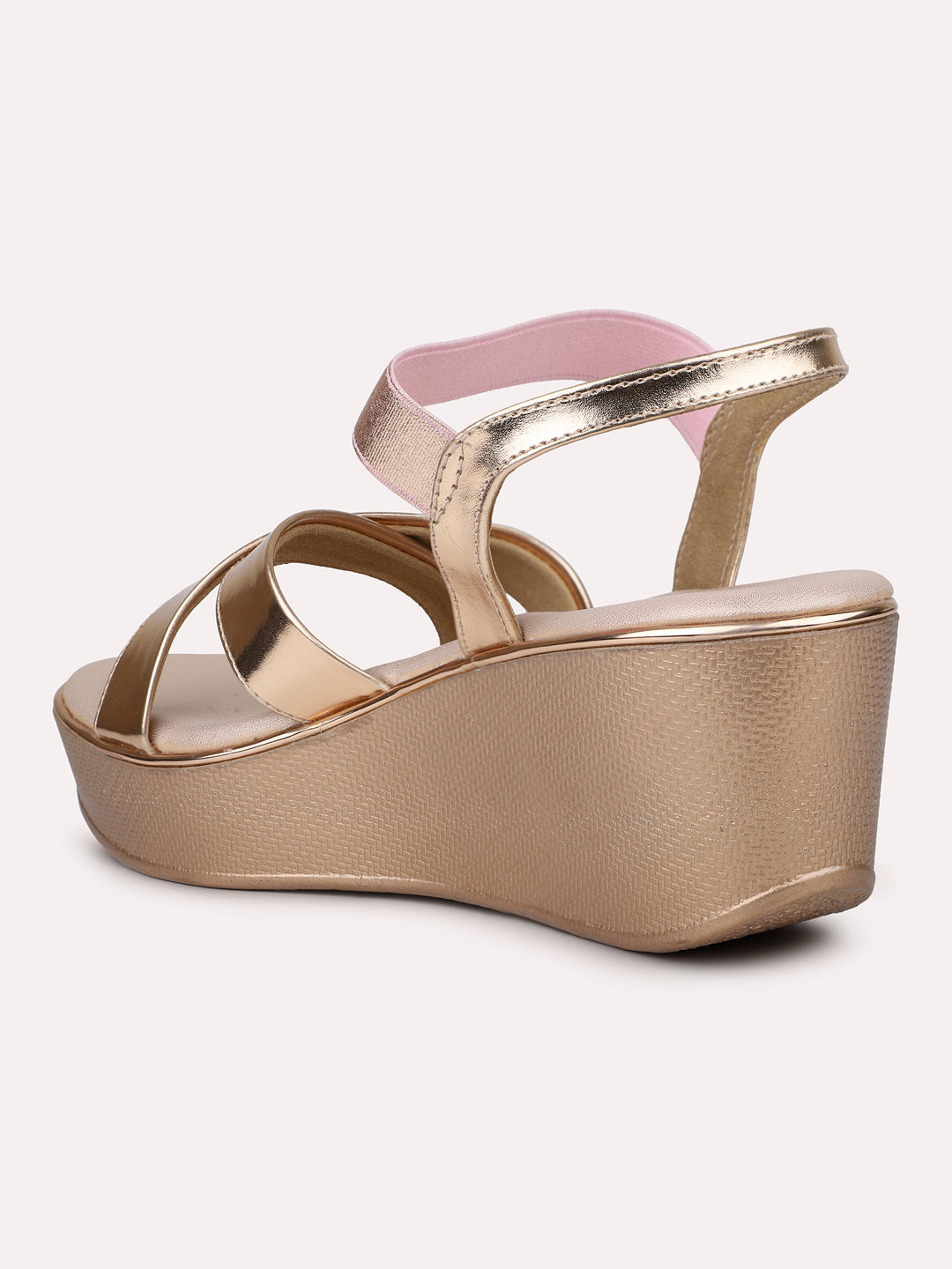 Women Rose Gold Criss-Cross Wedge Heels With Backstrap