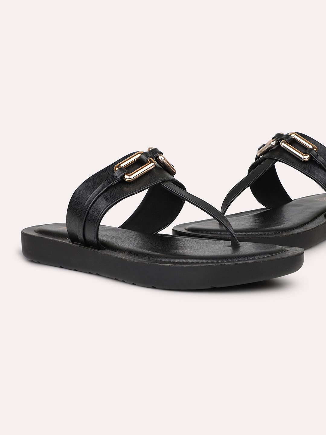 Women Black Solid Open Toe T-Strap Flats