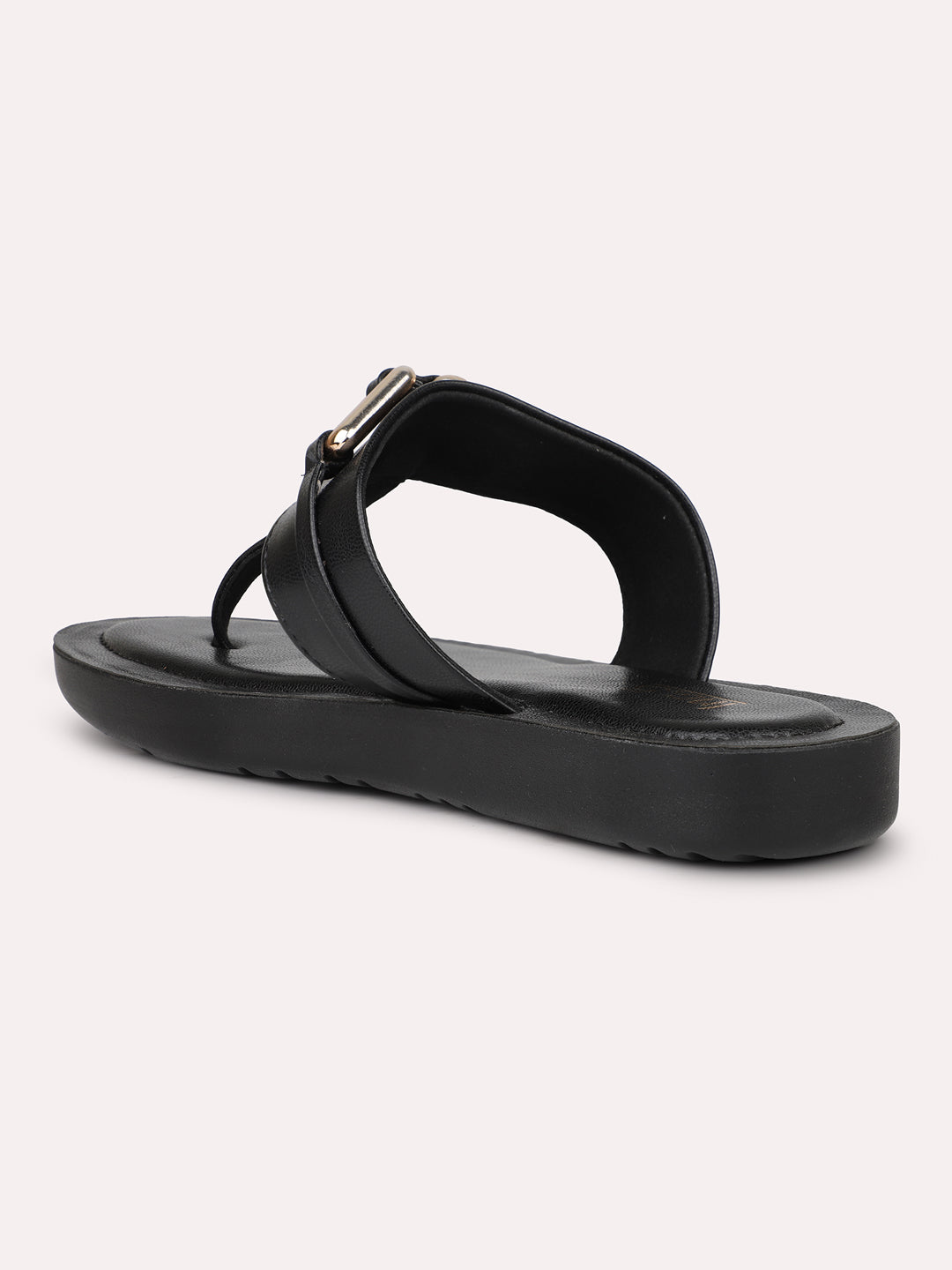 Women Black Solid Open Toe T-Strap Flats