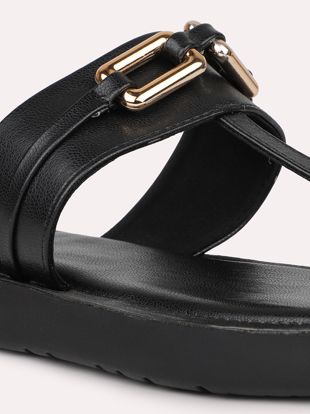 Women Black Solid Open Toe T-Strap Flats