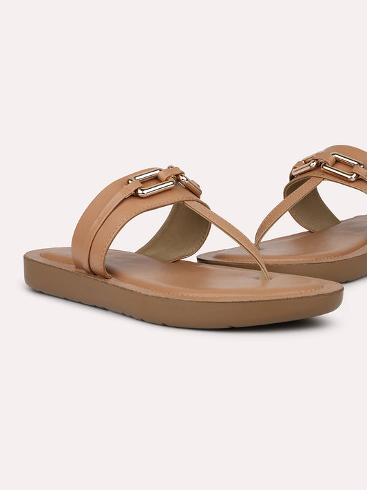 Women Beige Solid Open Toe T-Strap Flats