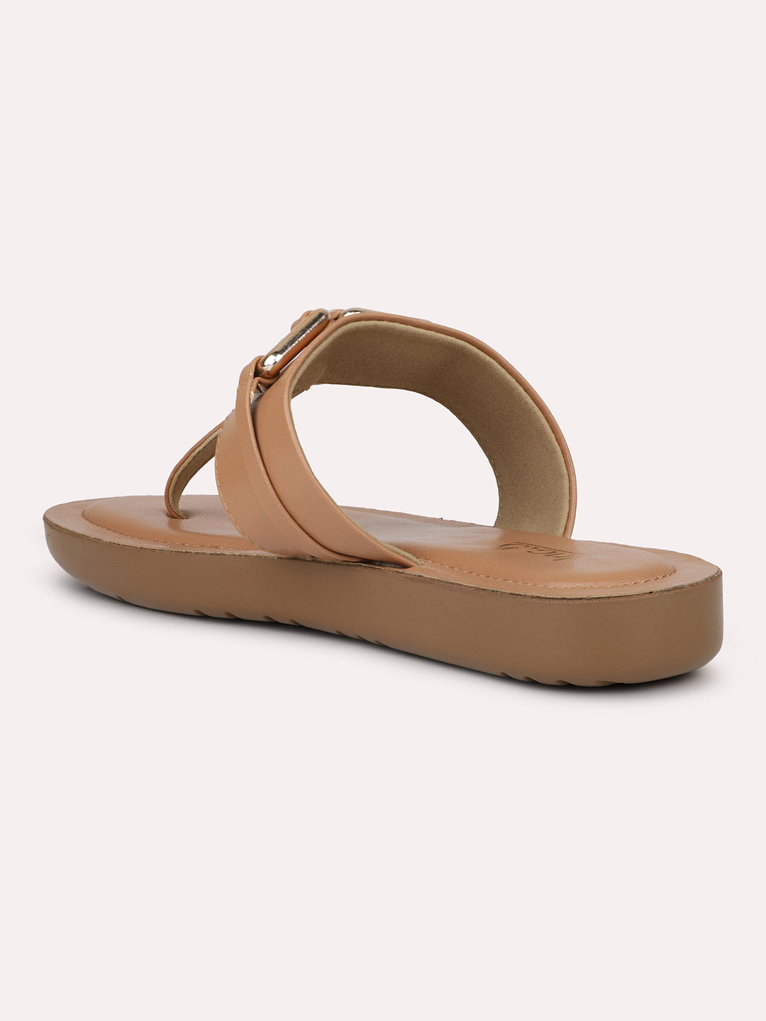 Women Beige Solid Open Toe T-Strap Flats