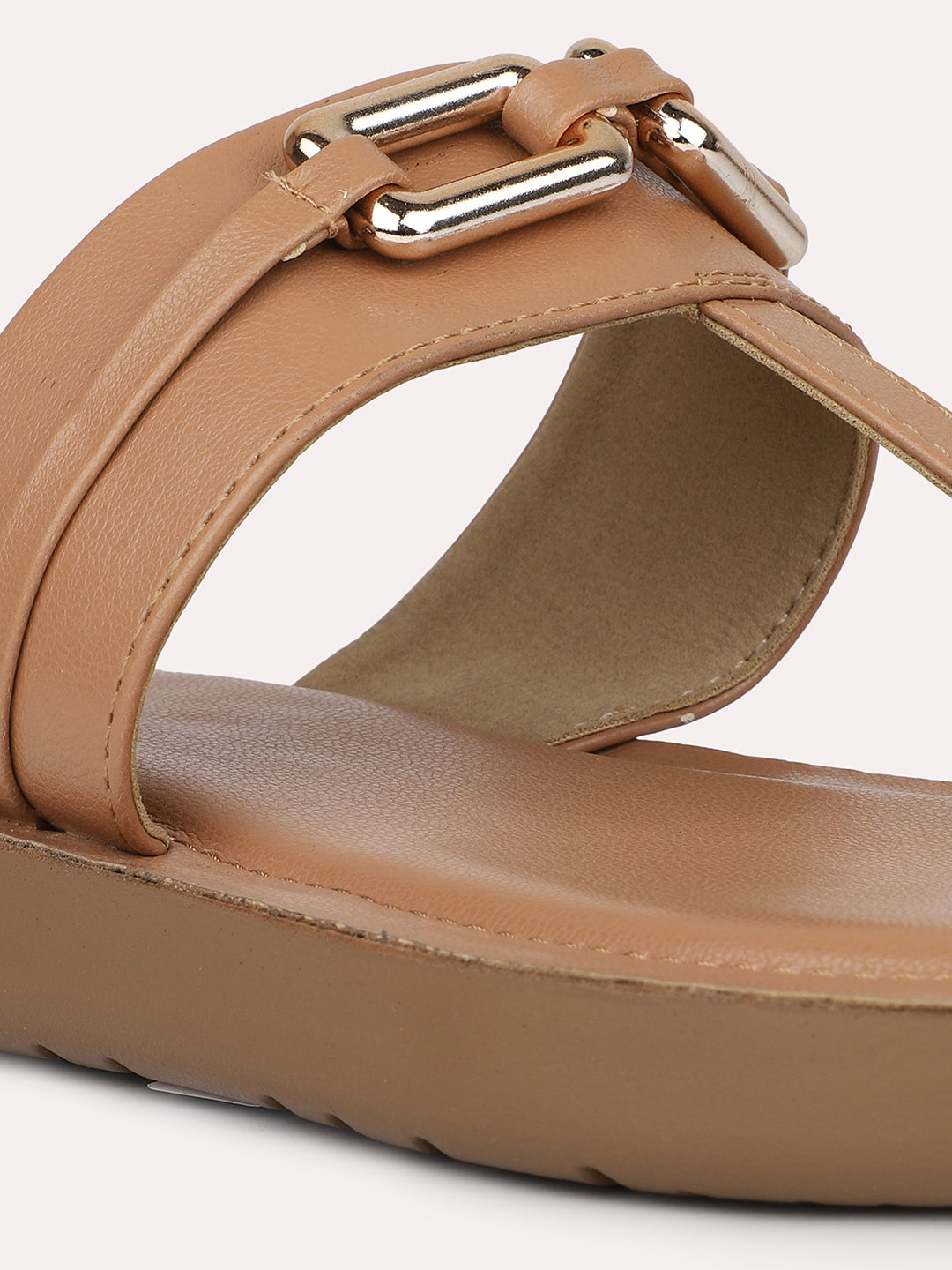 Women Beige Solid Open Toe T-Strap Flats