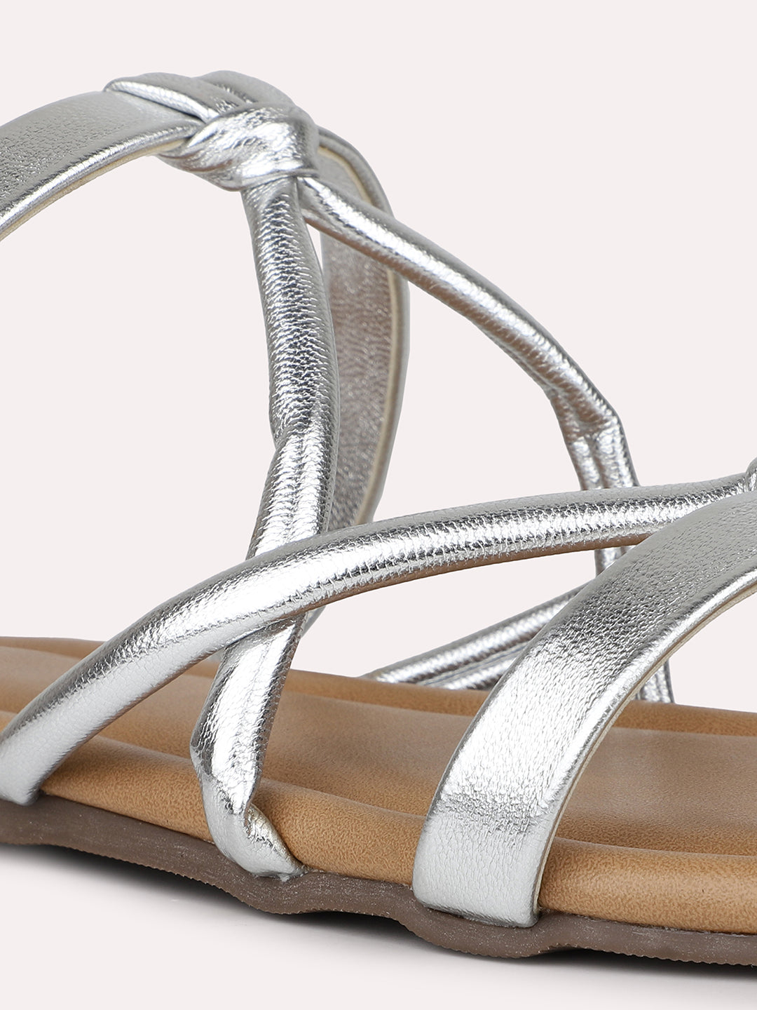 Women Silver Solid Strappy Open Toe Flats