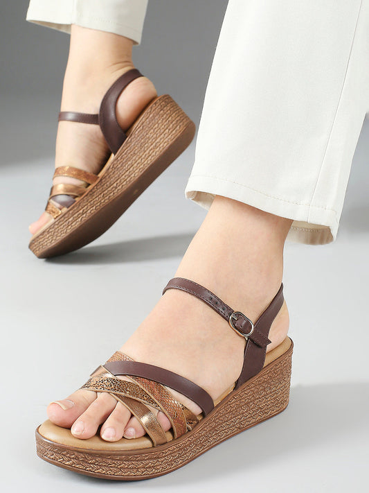 Women Brown Colourblocked Wedge Heels With Buckle