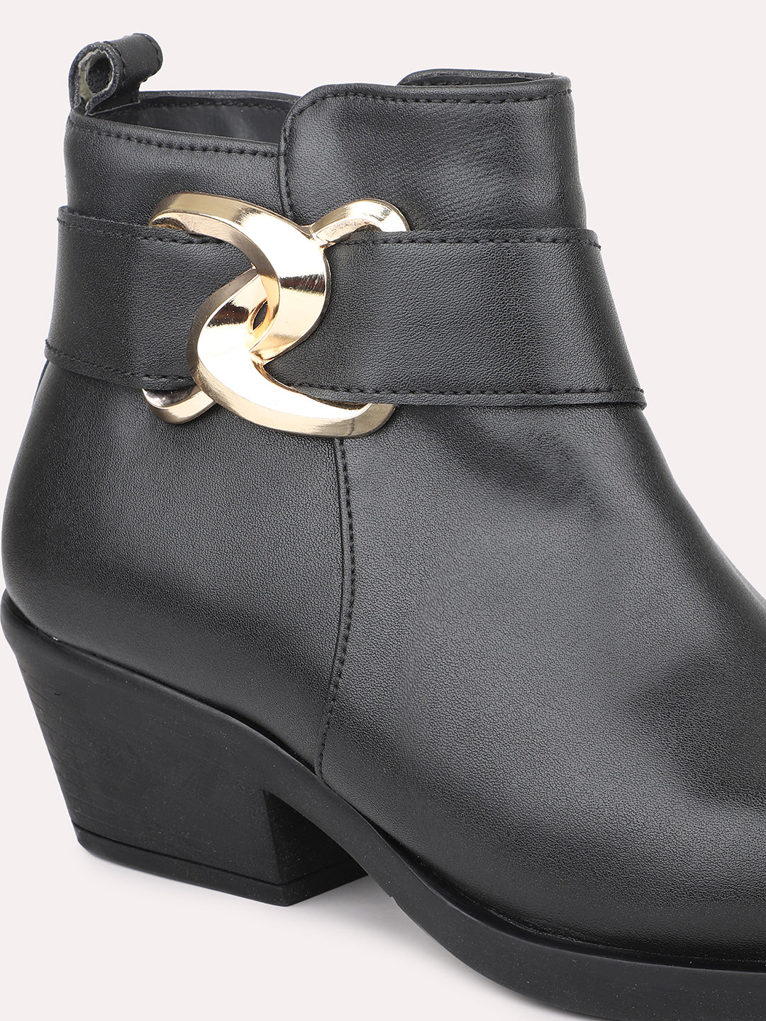 Women Black Mid Top Block Heel Chunky Boots With Buckle Detail