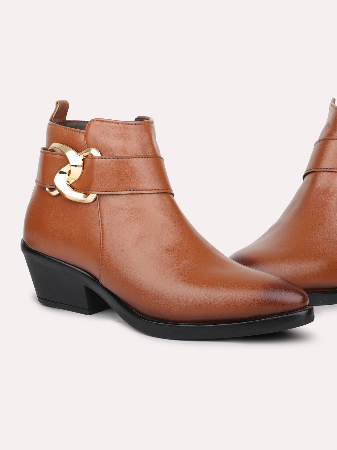 Women Tan Mid Top Block Heel Chunky Boots With Buckle Detail