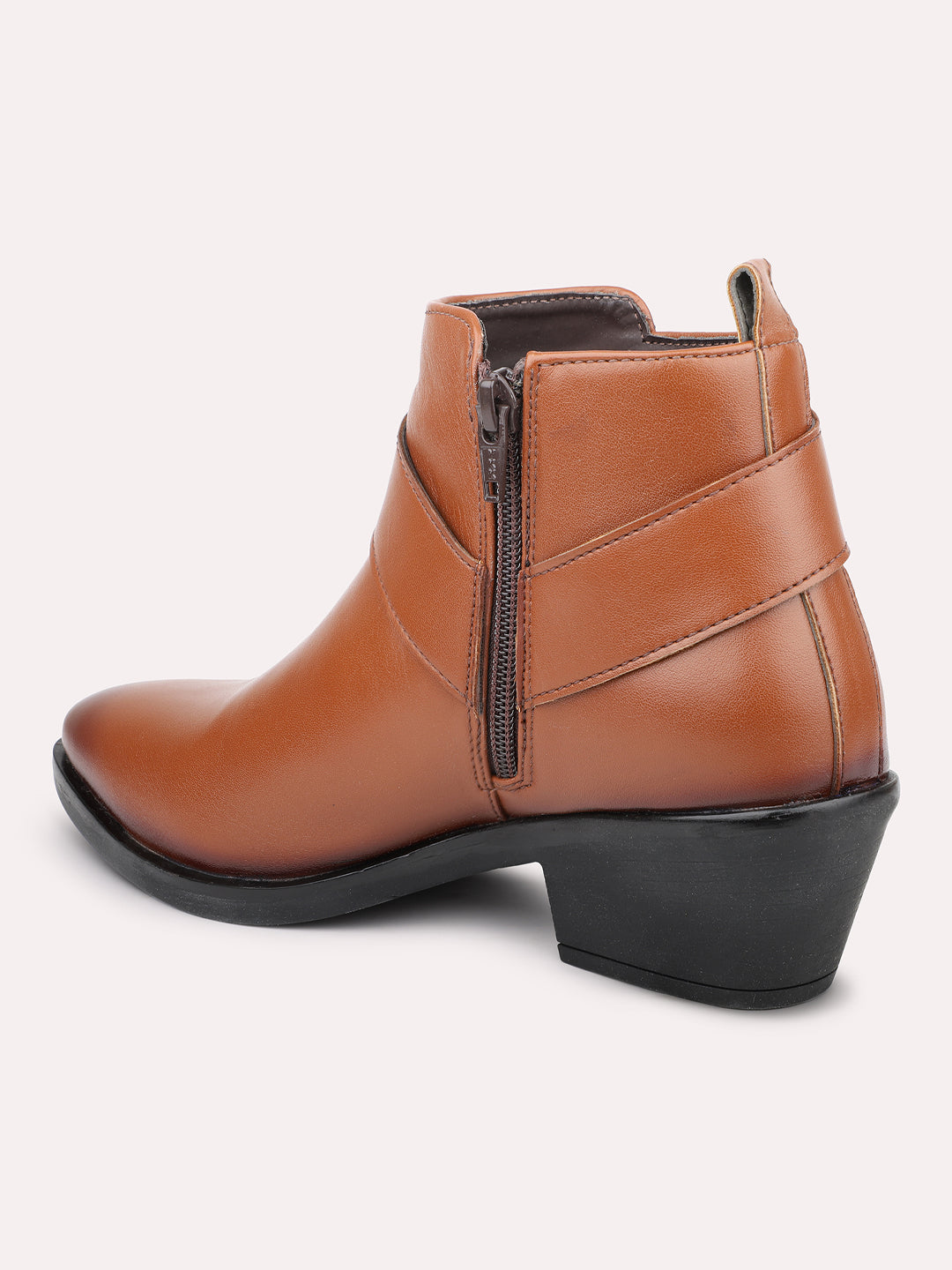 Women Tan Mid Top Block Heel Chunky Boots With Buckle Detail