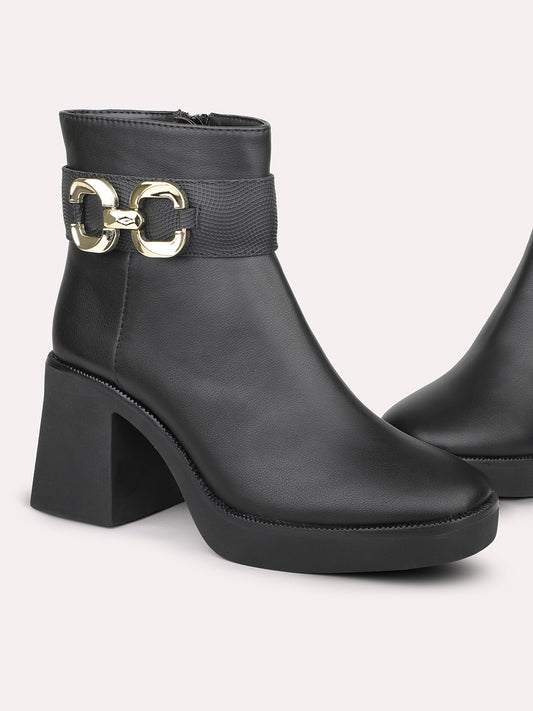 Women Black Block Heel Chunky Boots With Buckle Detail