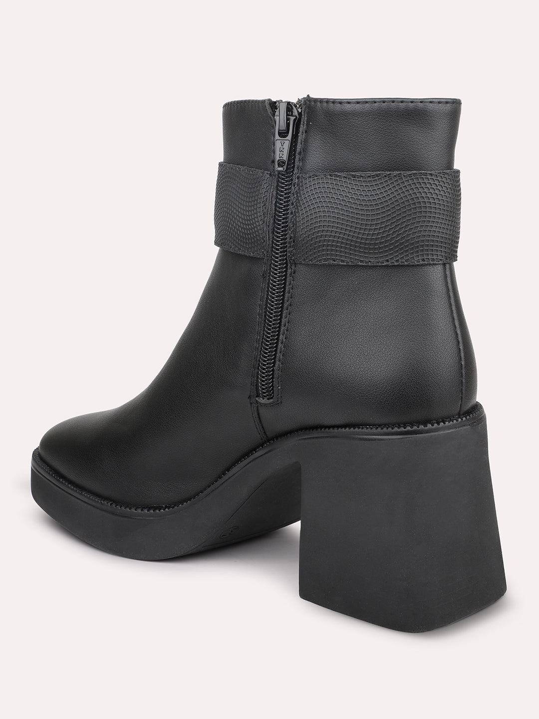 Women Black Block Heel Chunky Boots With Buckle Detail