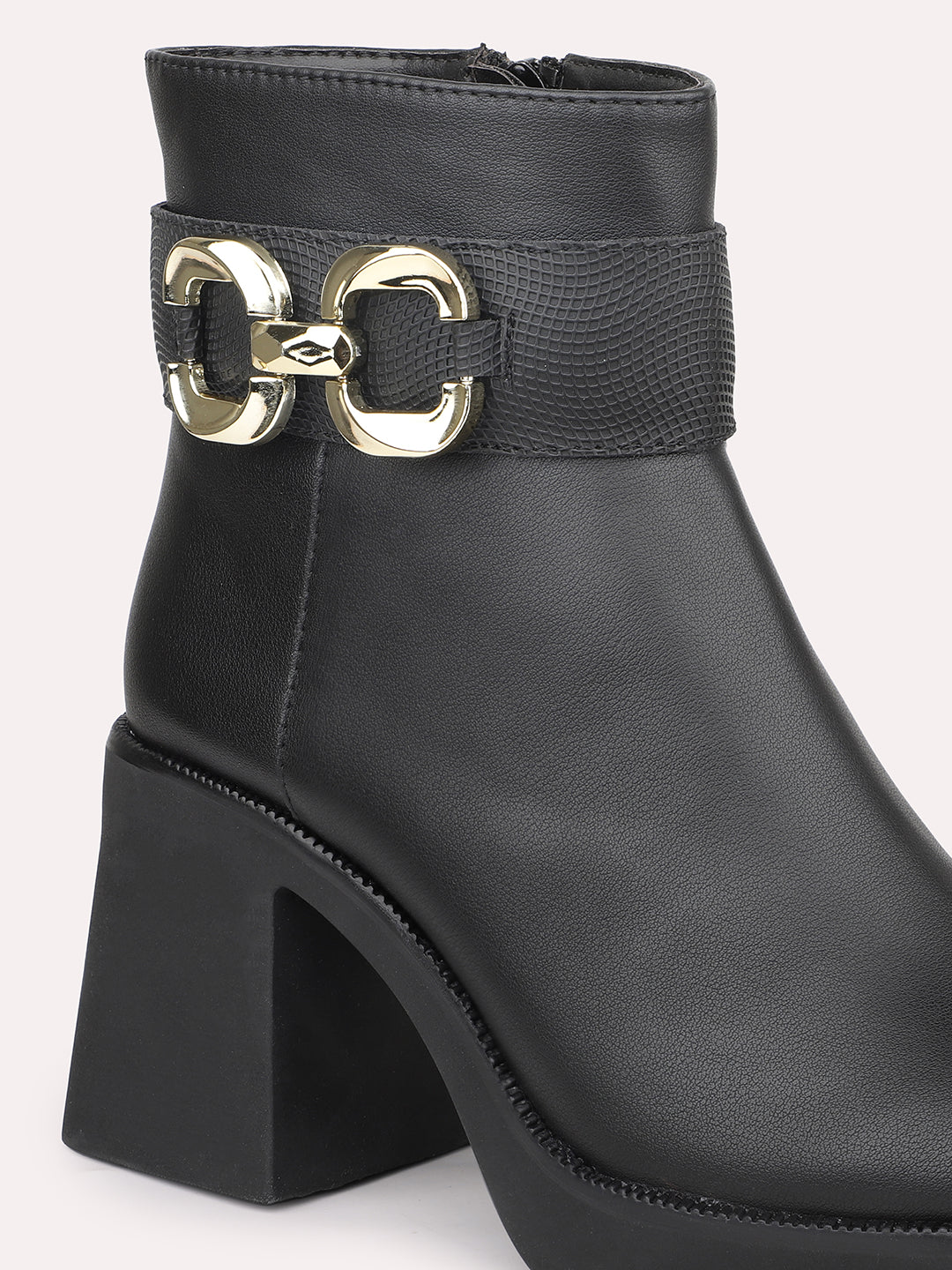 Women Black Block Heel Chunky Boots With Buckle Detail