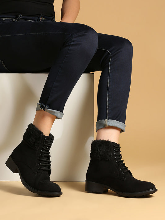 Women Black Mid Top Heel Regular Boots
