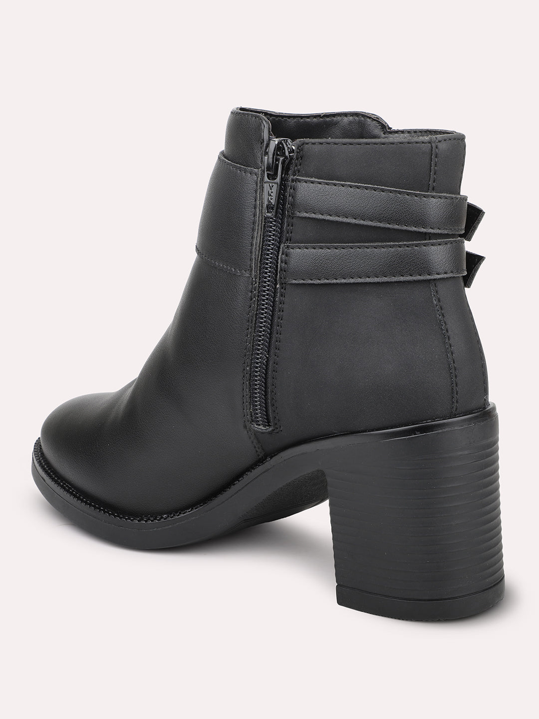 Women Black Block Heel Boots With Buckle Detail