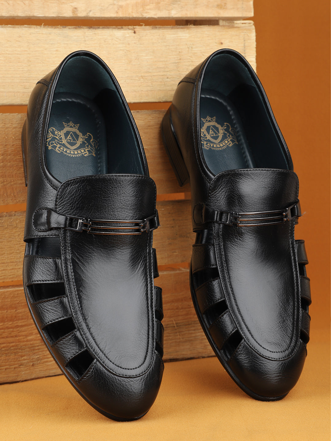 Men Black Leather Shoe Style Formal Sandal