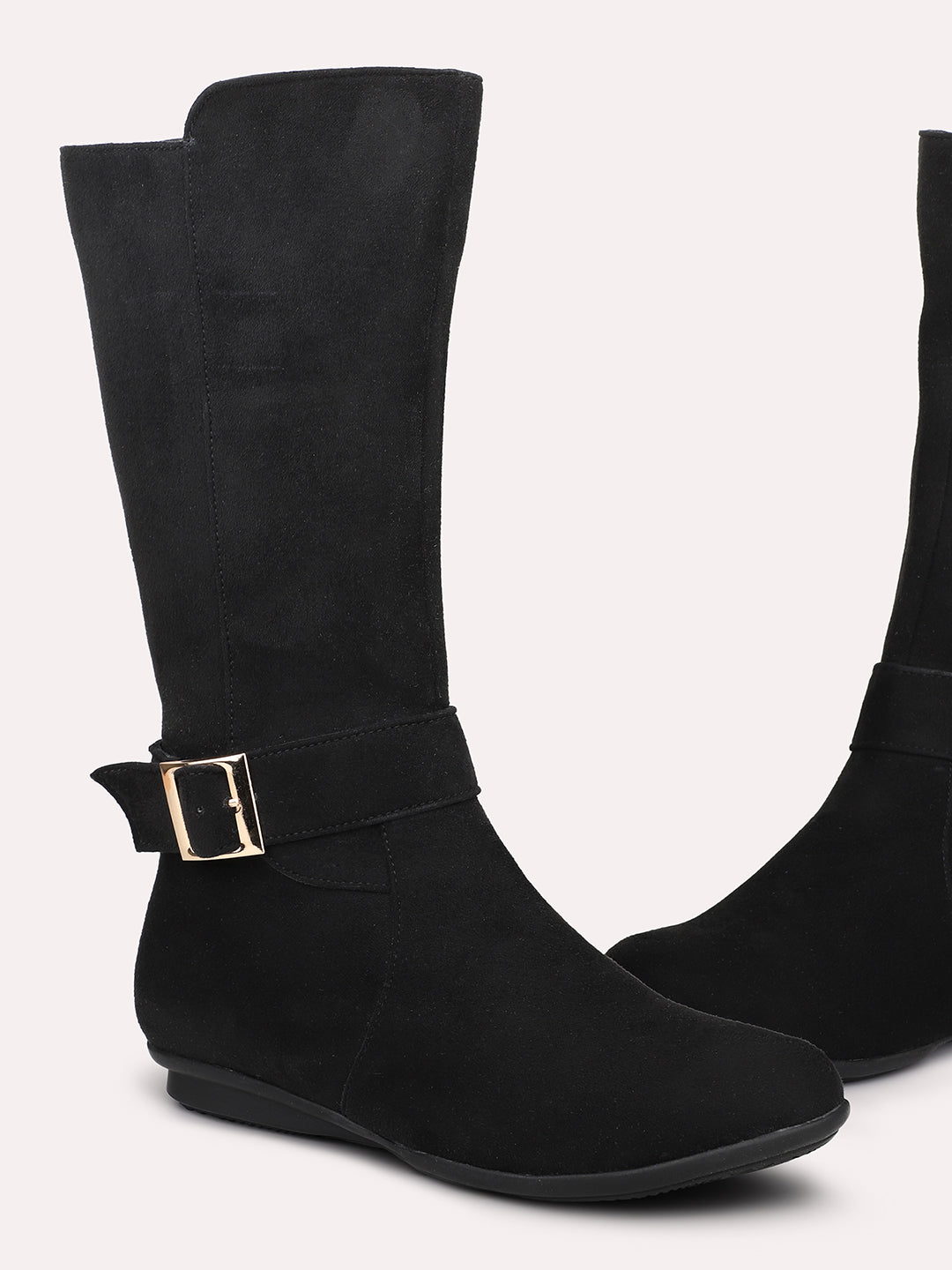 Women Black Knee High Boots With Buckle Detail