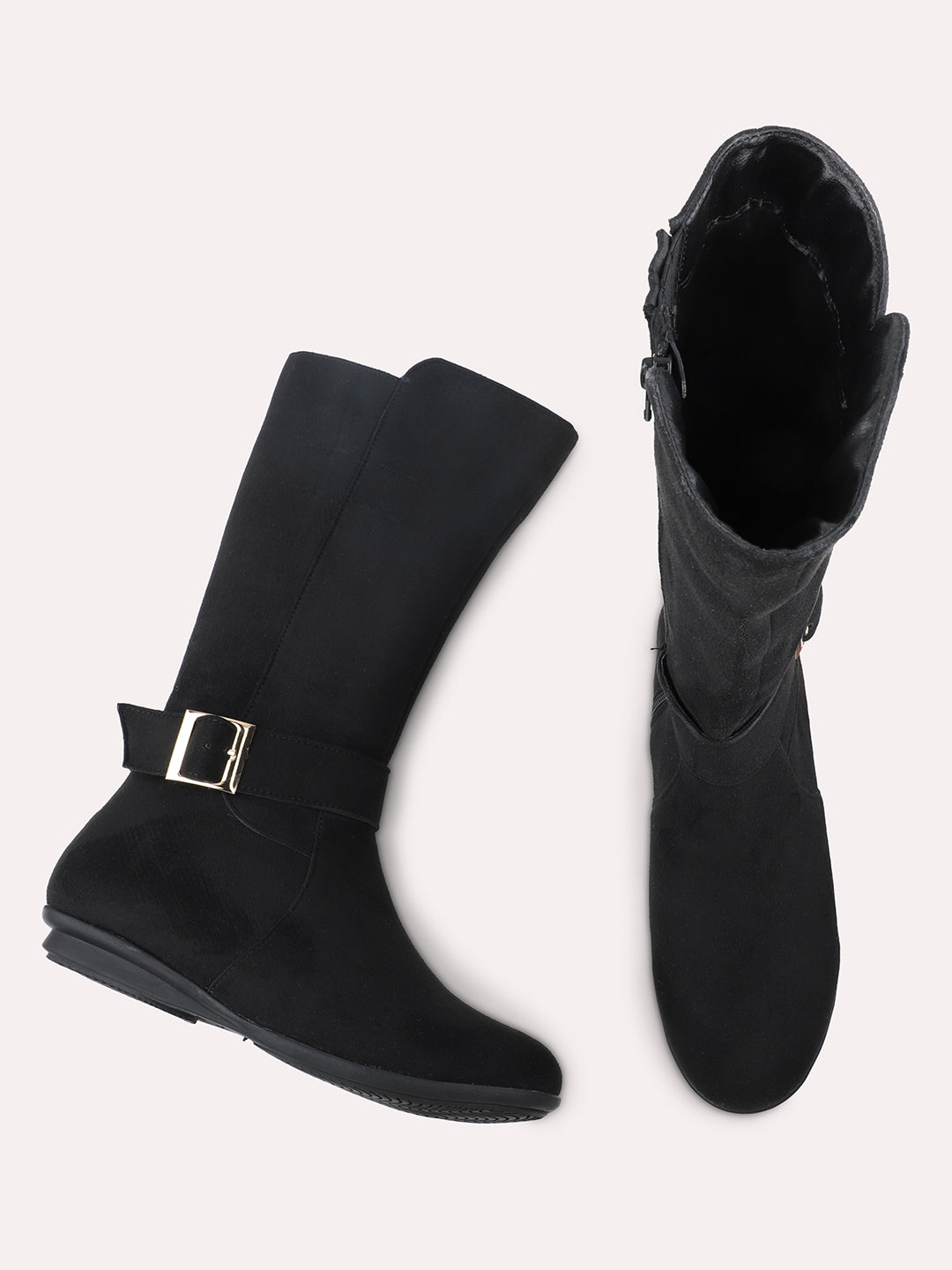 Women Black Knee High Boots With Buckle Detail