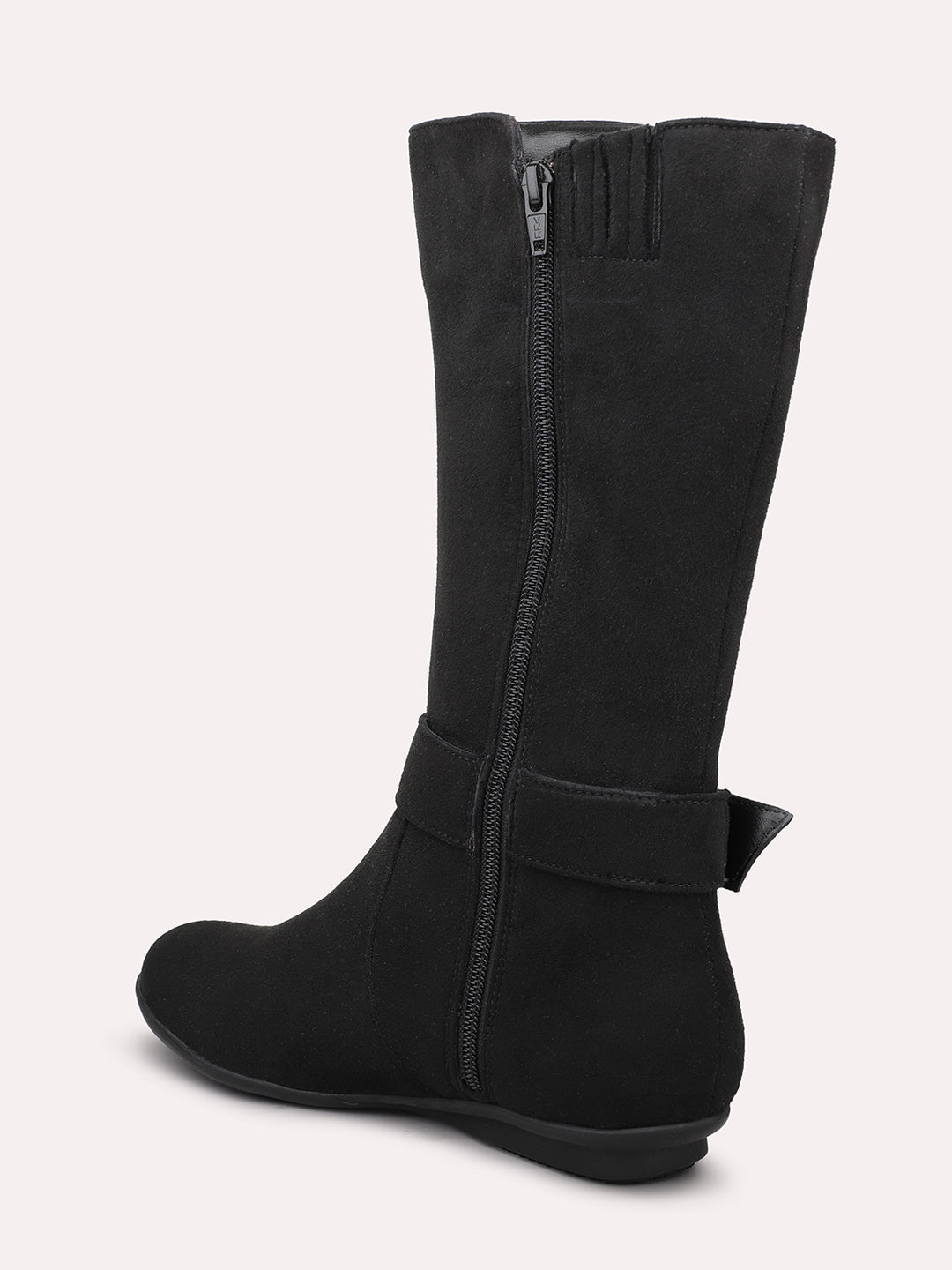 Women Black Knee High Boots With Buckle Detail