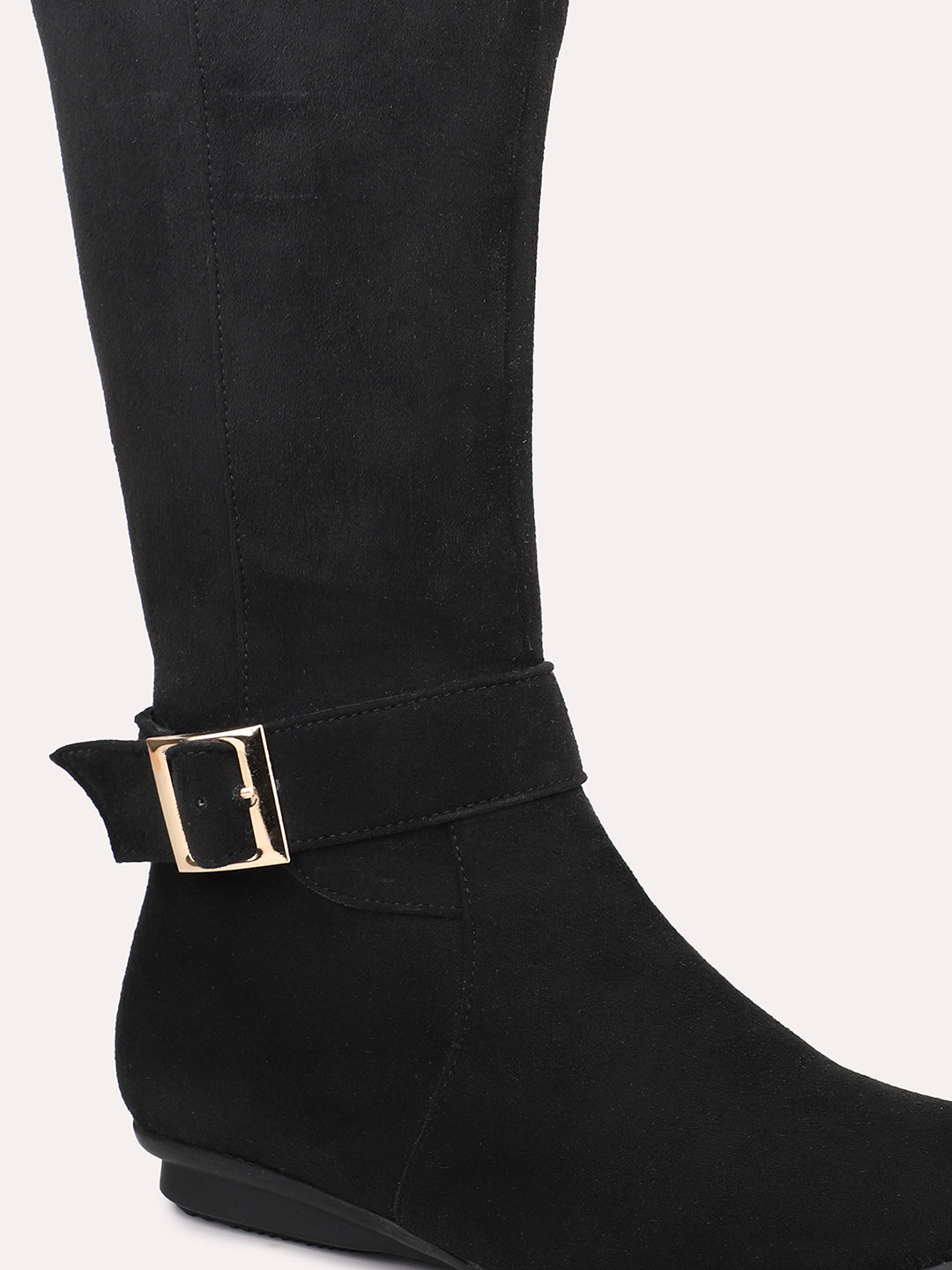 Women Black Knee High Boots With Buckle Detail