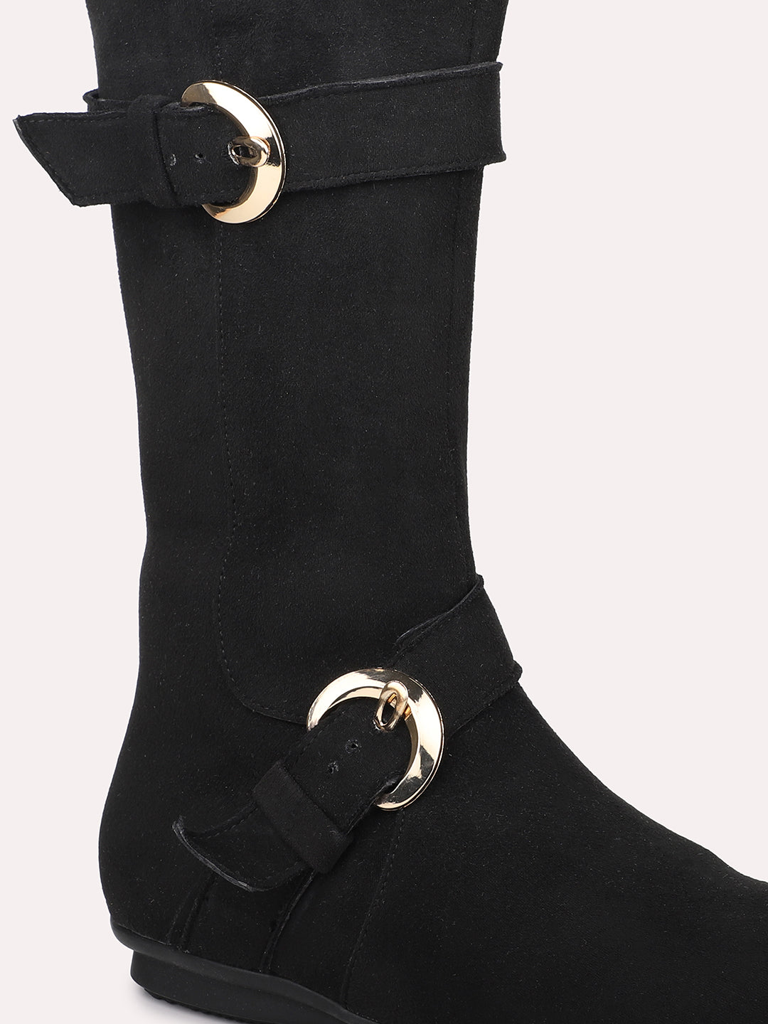 Women Black Knee High Boots With Buckle Detail