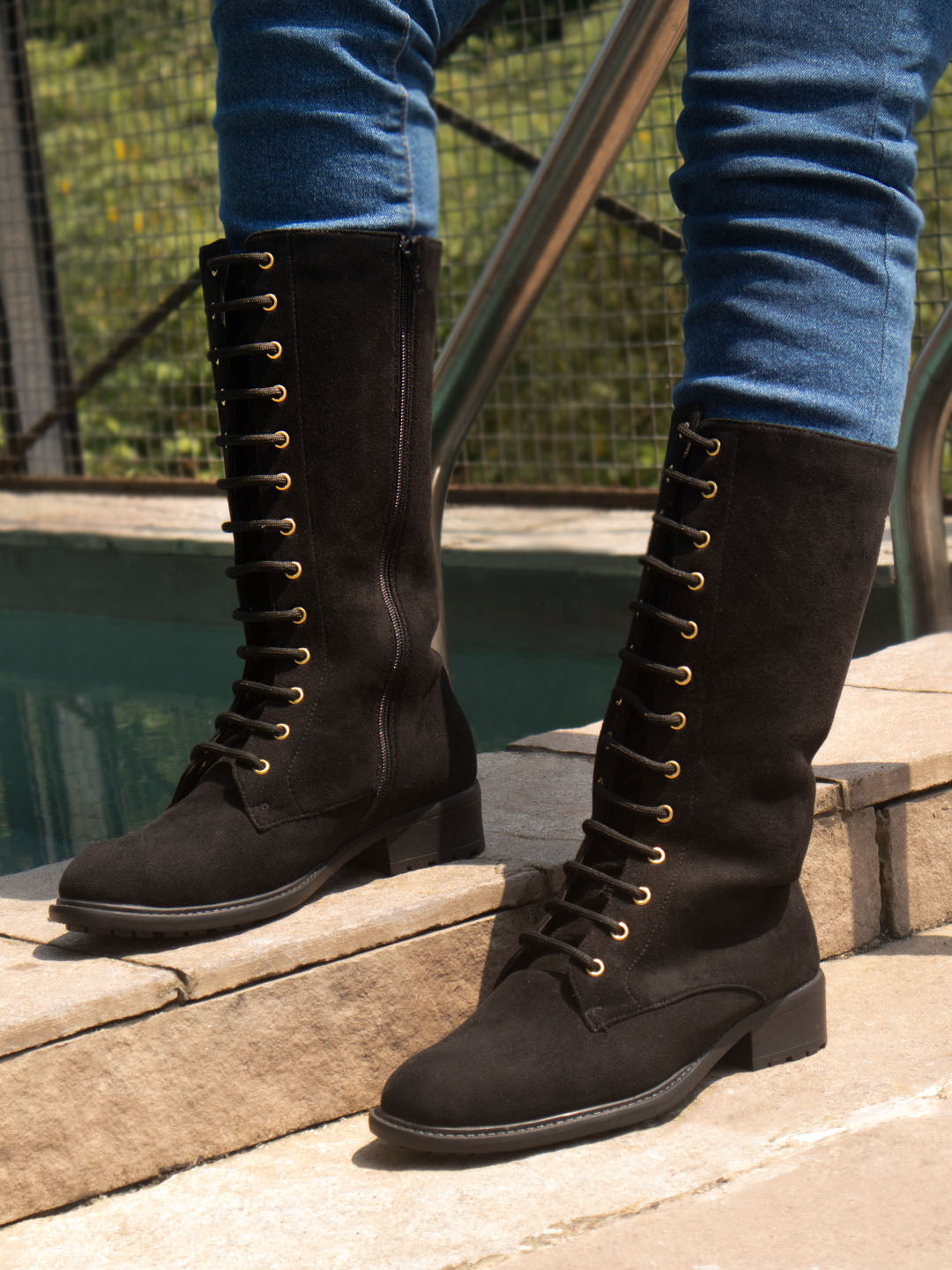 Women Black Lace Up Detail High Top Regular Boots