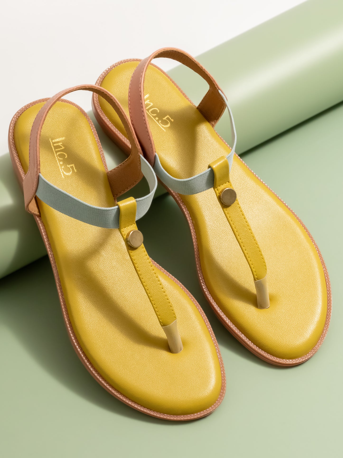 Women Yellow And Peach Colourblocked T-Strap Flats