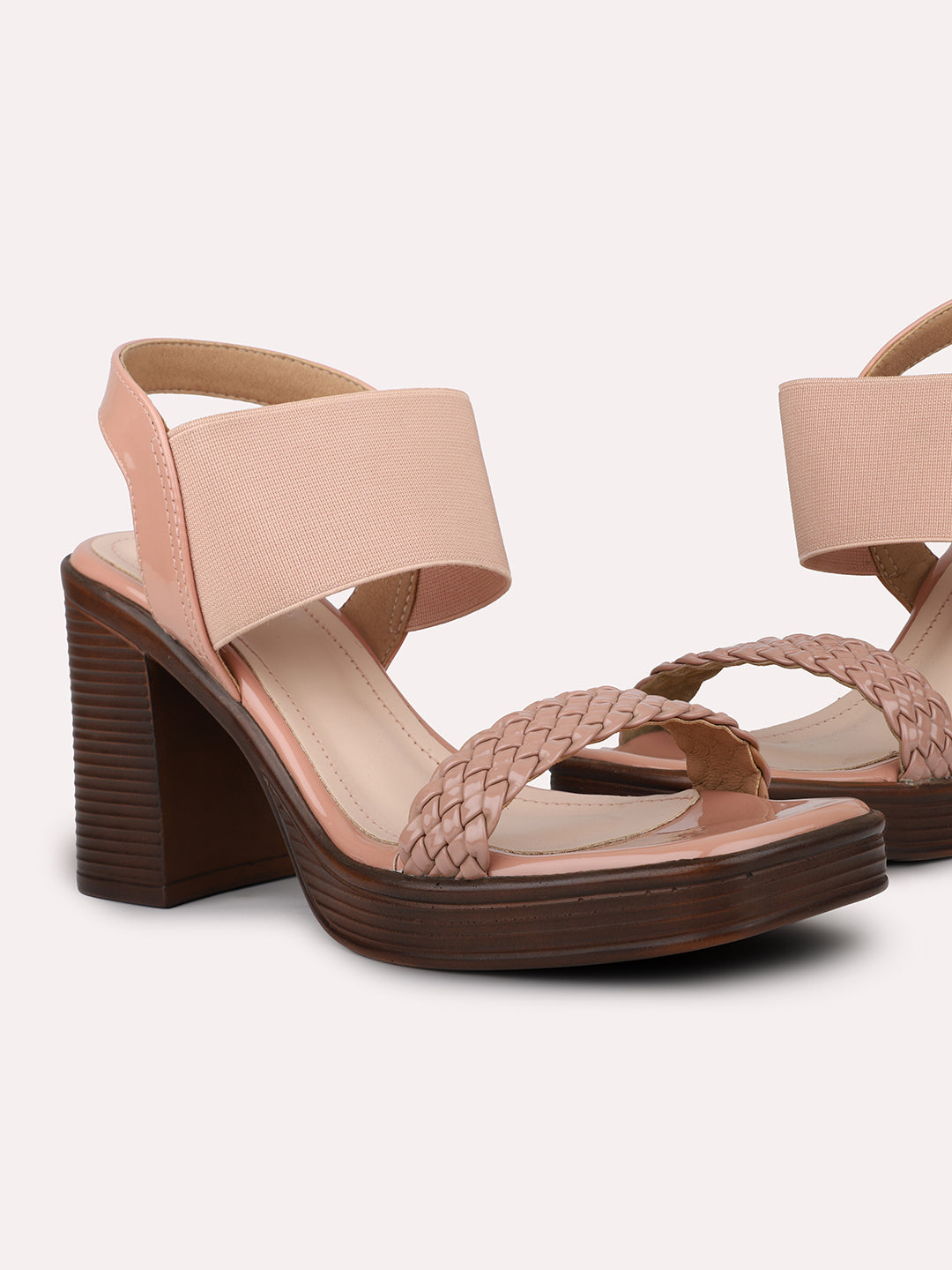 Women Peach Textured Open Toe Platform Heels With Backstrap