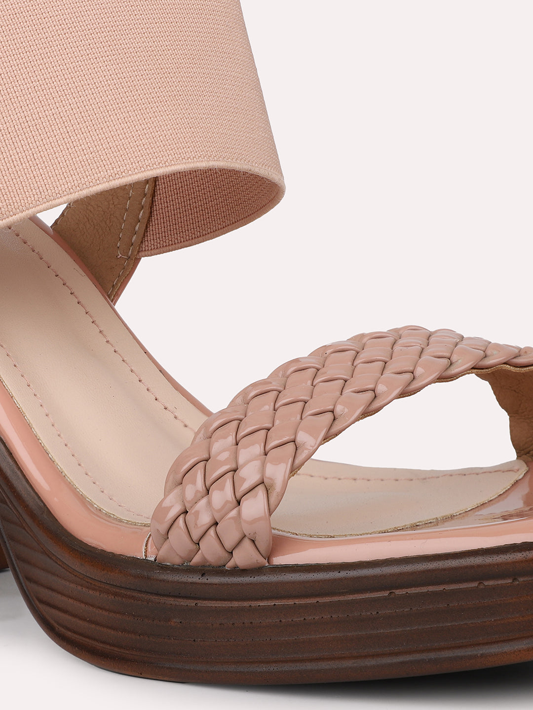 Women Peach Textured Open Toe Platform Heels With Backstrap