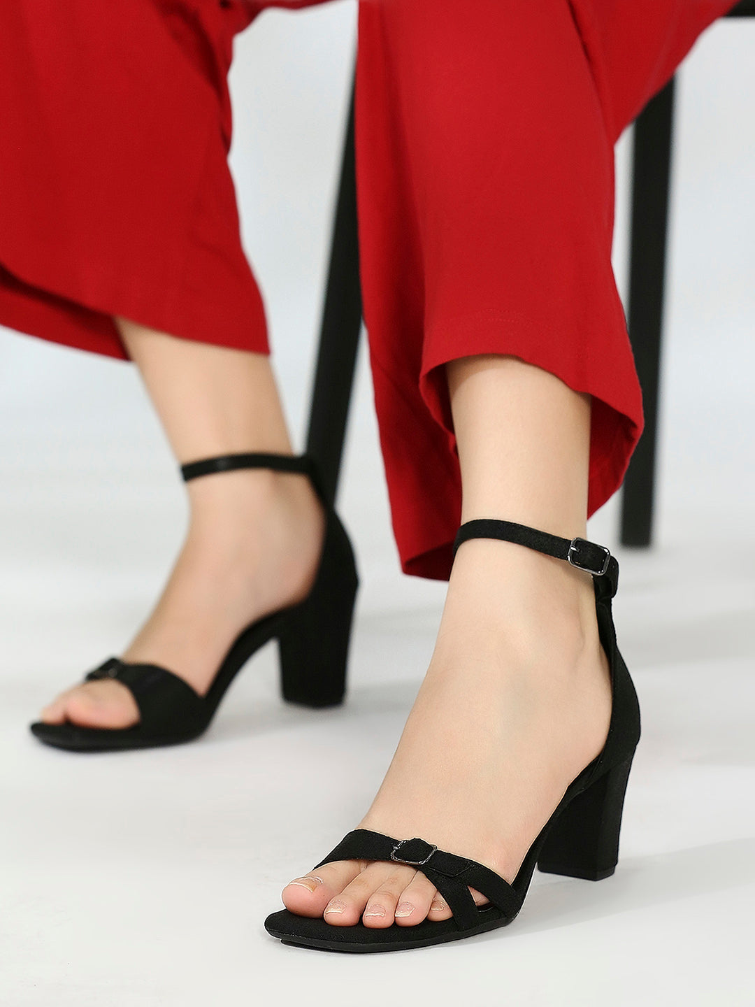 Women Black Textured Block Heels With Ankle Loop