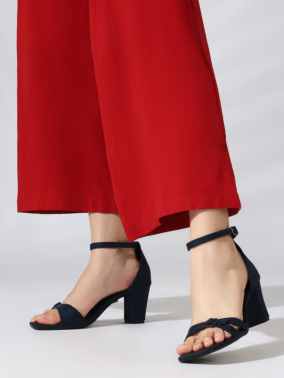 Women Navy Textured Block Heels With Ankle Loop