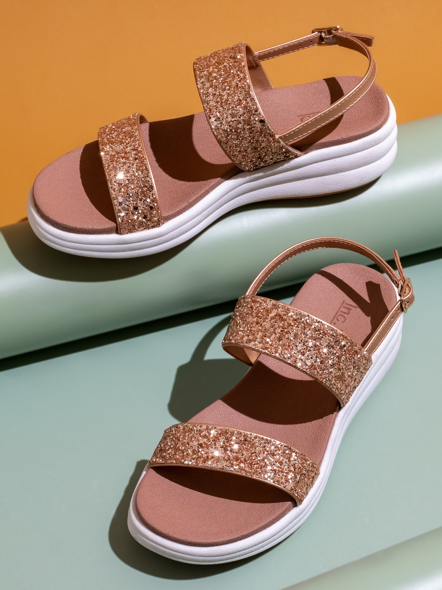 Women Rose Gold Embellished Open Toe Comfort Sandals with Buckles