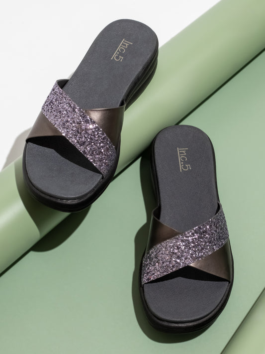 Women Pewter-Colourblocked Open Toe Comfort Sandals