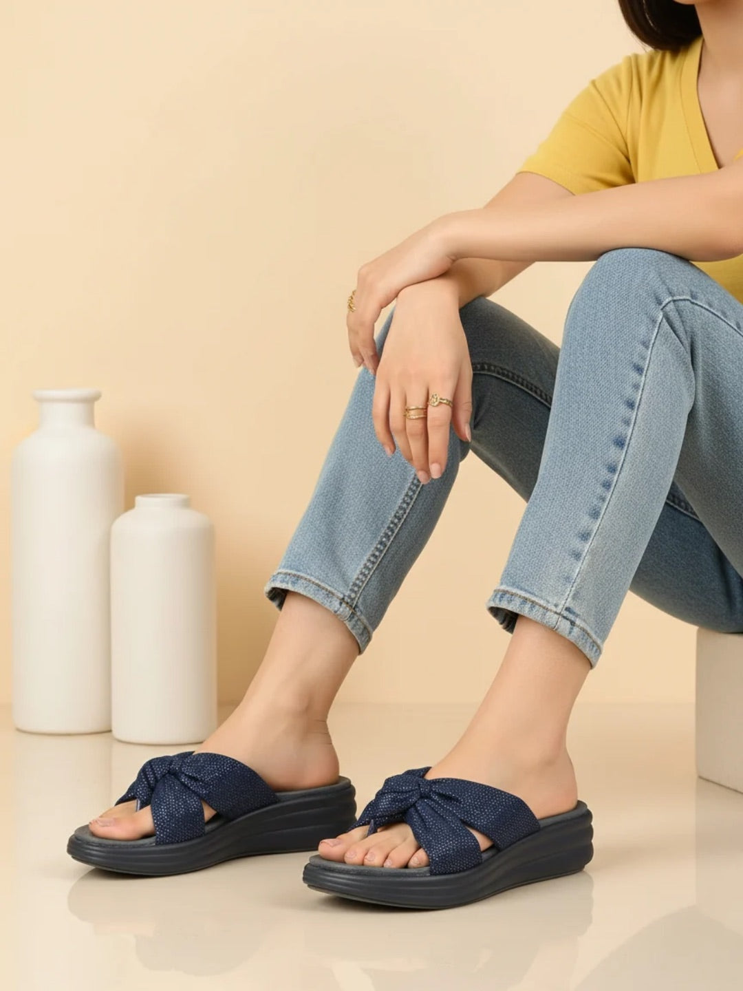 Women Navy Embellished One Toe Comfort Heels