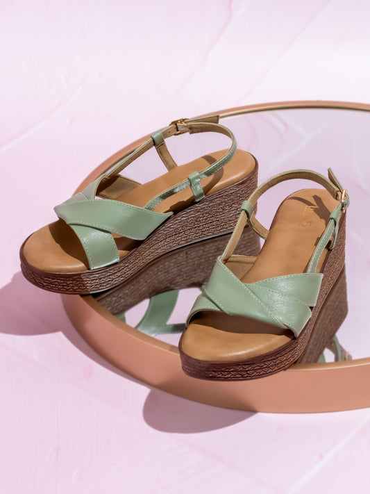 Women Green Textured Solid Wedges With Buckle Detail