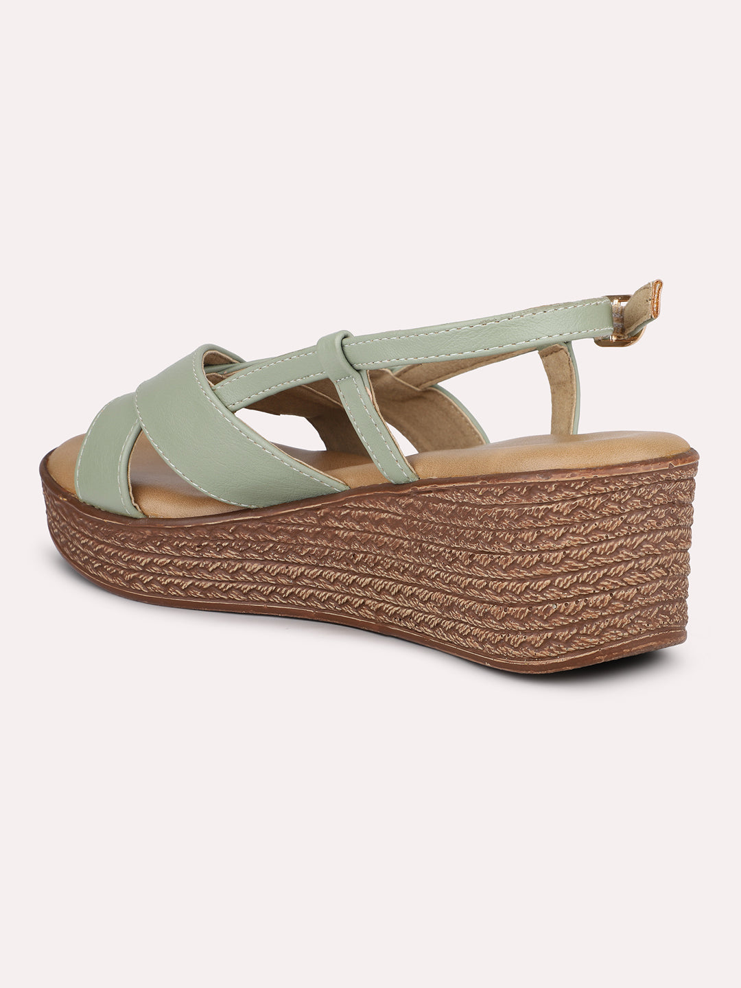 Women Green Textured Solid Wedges With Buckle Detail