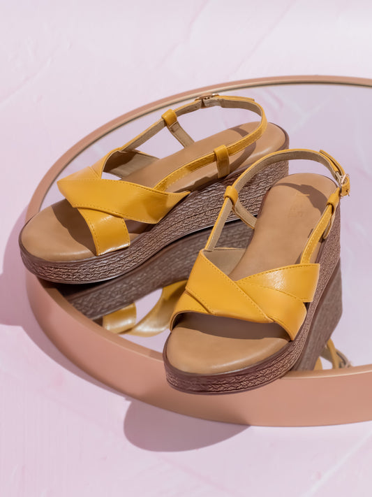 Women Mustard Textured Solid Wedges With Buckle Detail