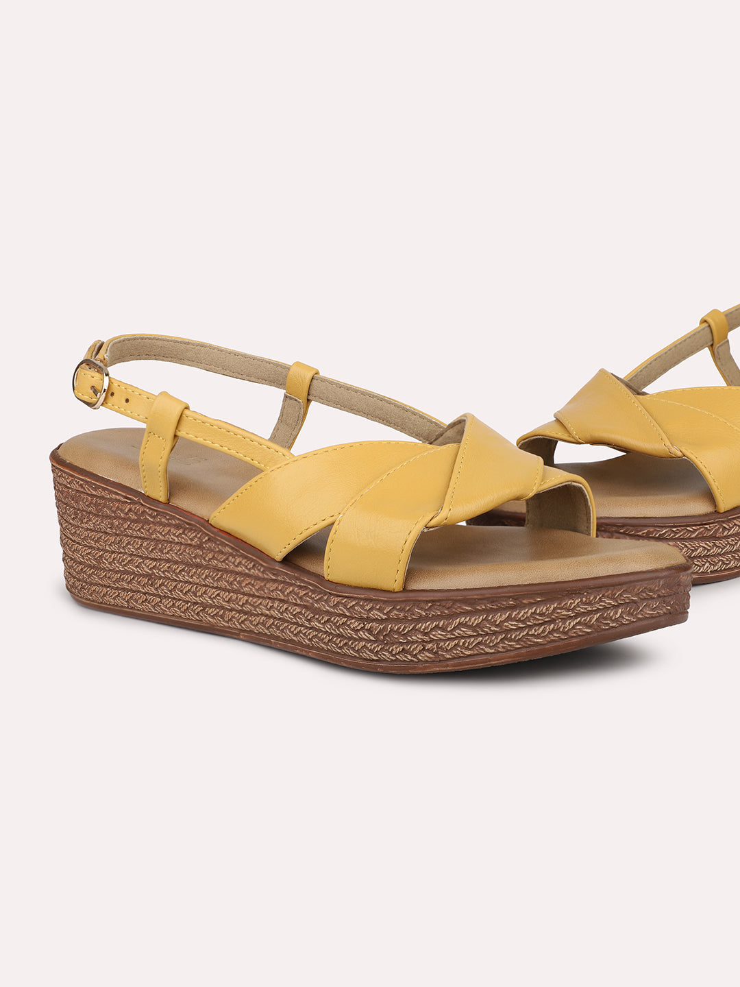 Women Mustard Textured Solid Wedges With Buckle Detail