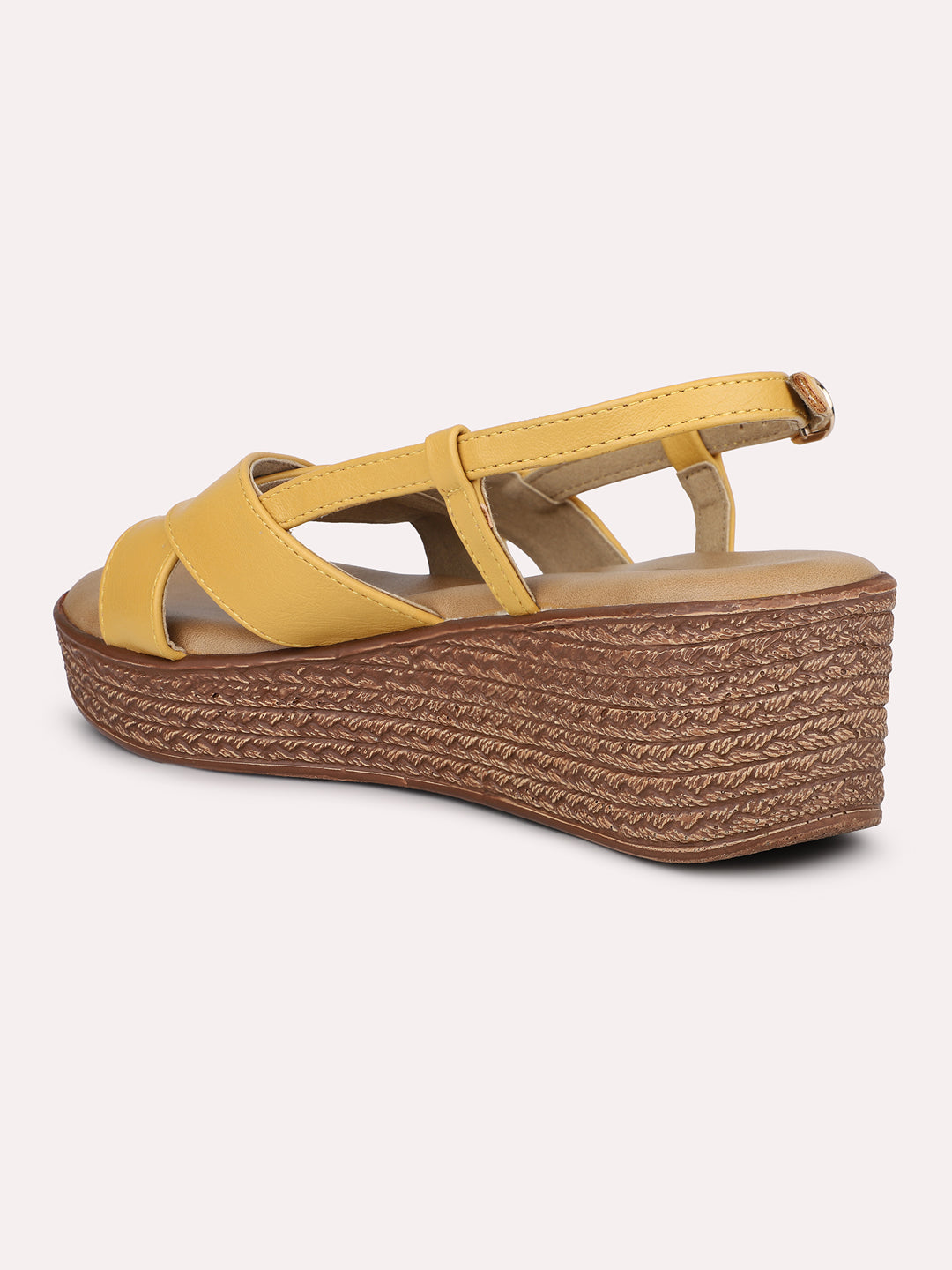 Women Mustard Textured Solid Wedges With Buckle Detail